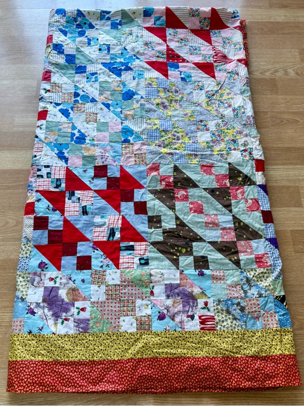 Very Large Colorful Vintage Homemade Hand Stitched Patchwork Quilt Top 106x93 - Picture 9 of 12